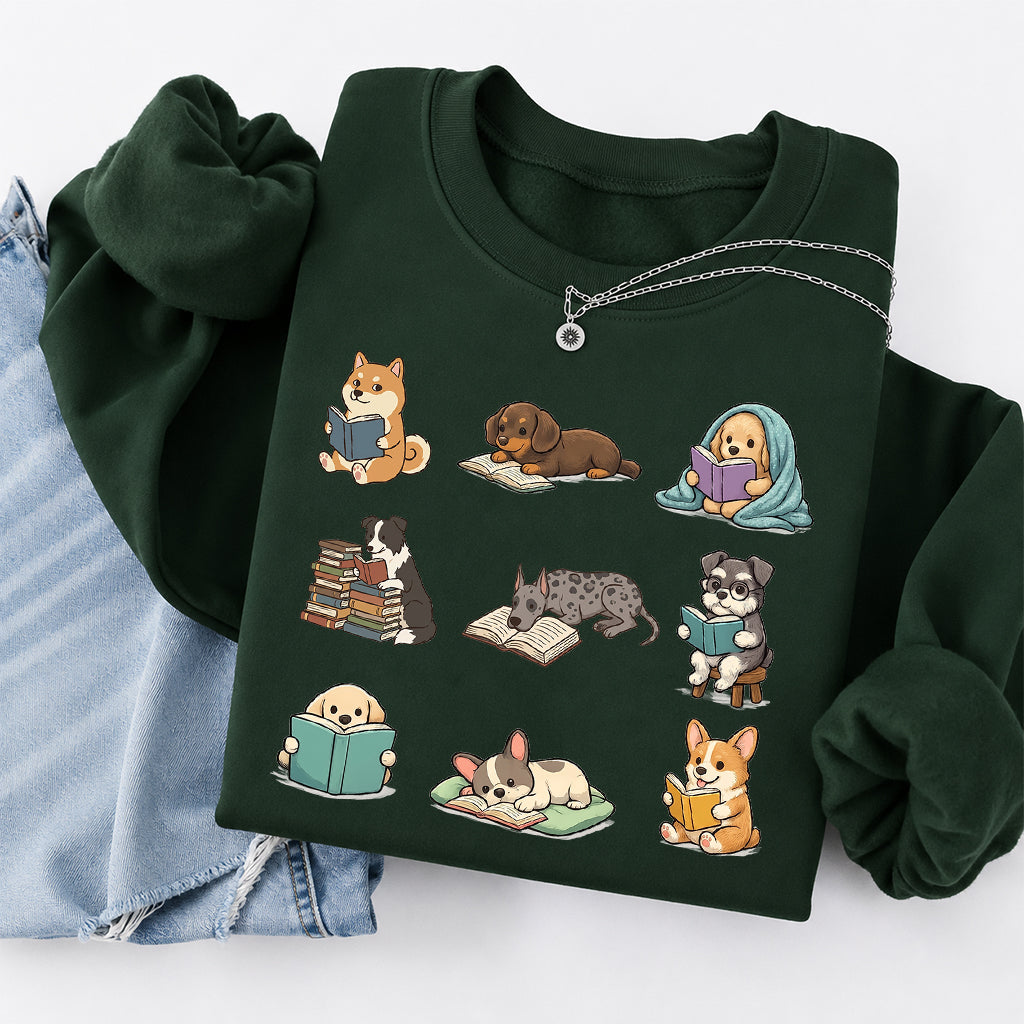 Funny Dogs Reading Crewneck Sweatshirt | Reader Gift Forest Green