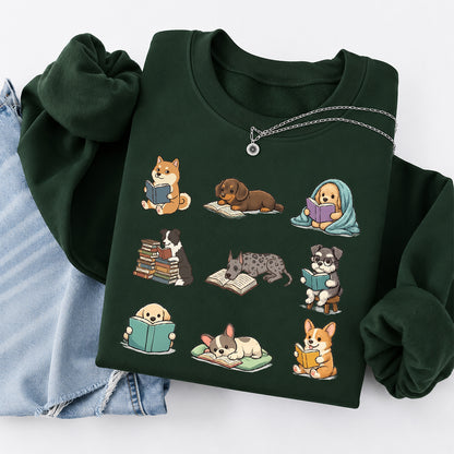 Funny Dogs Reading Crewneck Sweatshirt | Reader Gift Forest Green