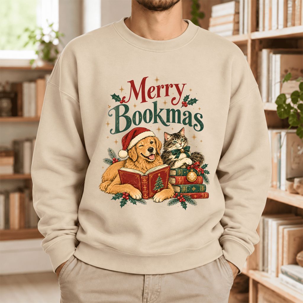 Merry Bookmas Softstyle Sweatshirt | Christmas Book Lover Gift Sand