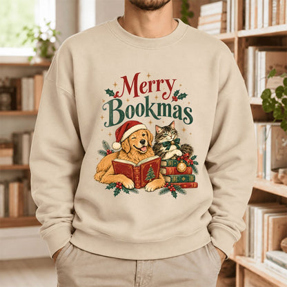 Merry Bookmas Softstyle Sweatshirt | Christmas Book Lover Gift Sand