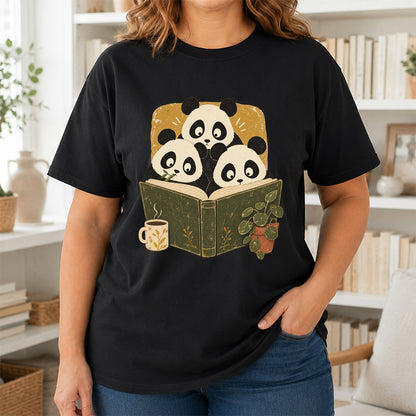 Minimal Japanese Pandas Reading Softstyle T-Shirt | Book Lover Gift Black