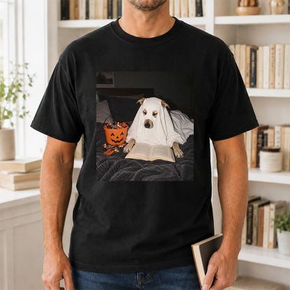 Cute Reading Ghost Dog Printed T-Shirt | Halloween Book Lover Gift Black