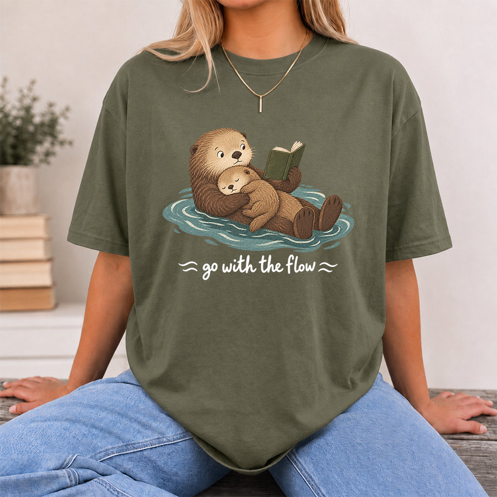 Go With The Flow Otter Reading Softstyle T-Shirt | Book Lover Gift Military Green