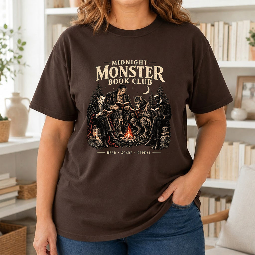 Midnight Monster Book Club Printed T-Shirt | Halloween Book Lover Gift Dark Chocolate