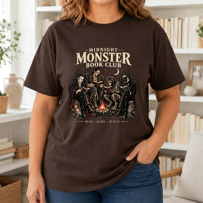 Midnight Monster Book Club Printed T-Shirt | Halloween Book Lover Gift Dark Chocolate