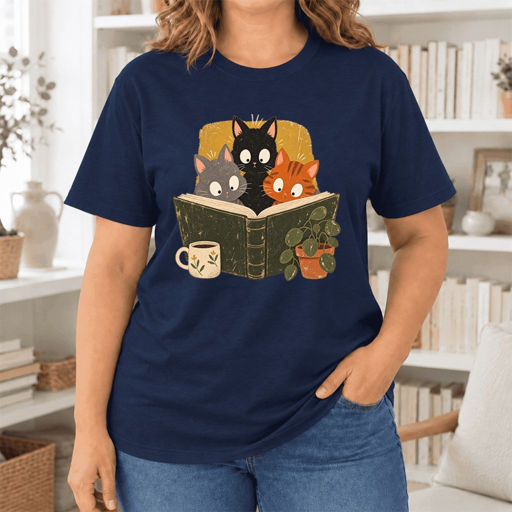 Curious Reading Cats Ultra-Soft Cotton T-Shirt | Cat Lover Reader Gift Navy