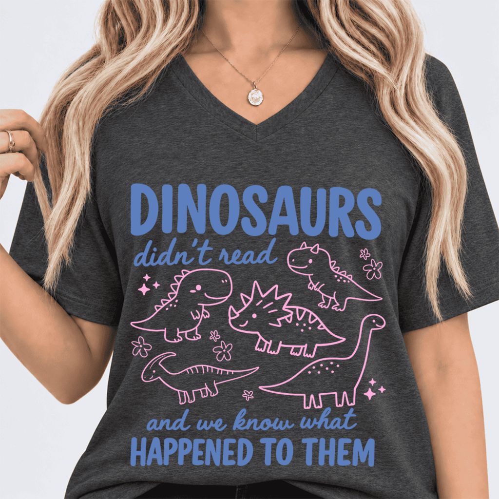 Dinosaurs Didn'T Read Ultra-Soft V-Neck | Funny Book Lover Gift Dark Grey Heather