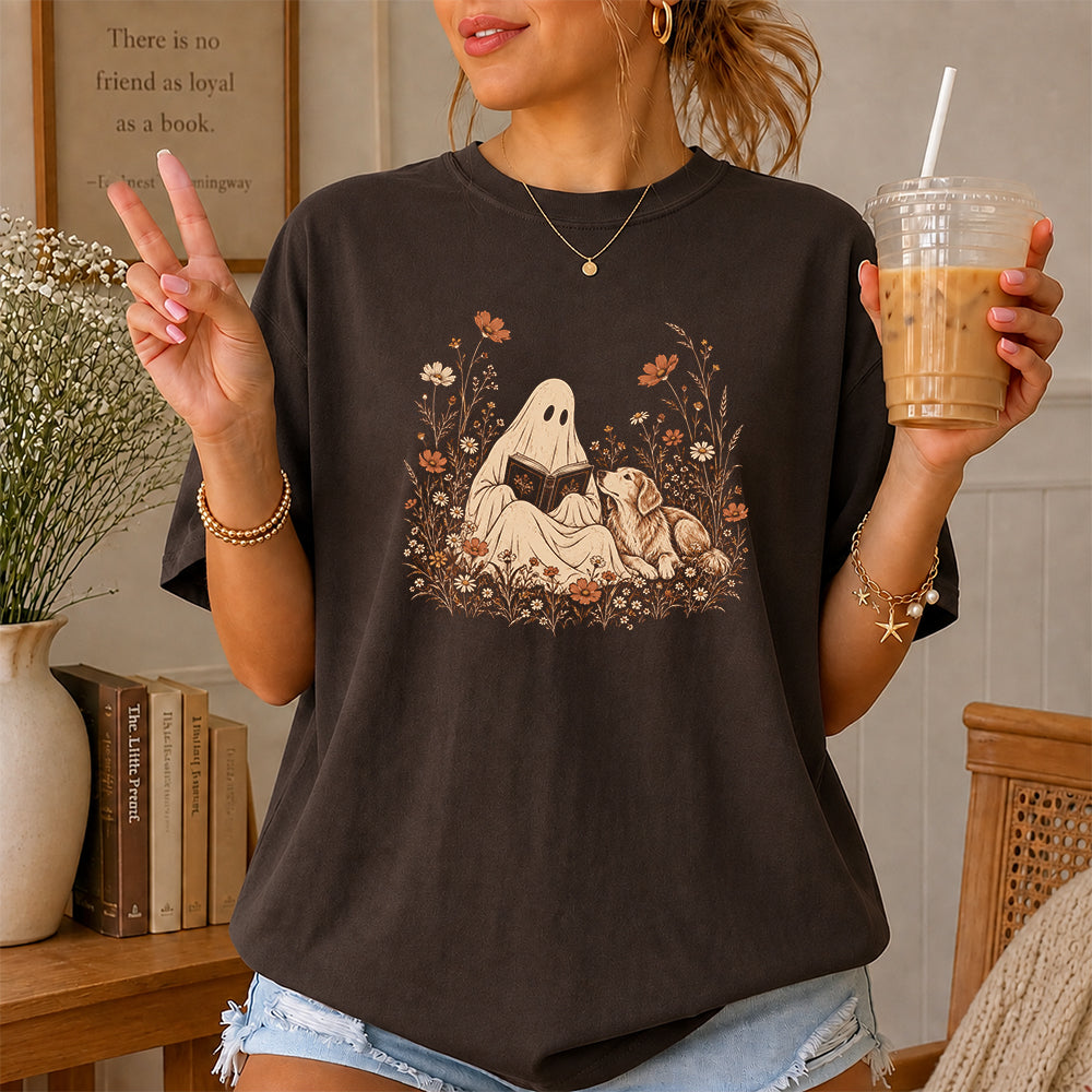 Ghost Wildflowers With Book And Golden Retriever Printed T-Shirt | Halloween Dog Lover Gift Dark Chocolate