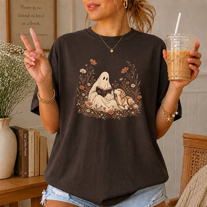 Ghost Wildflowers With Book And Golden Retriever Printed T-Shirt | Halloween Dog Lover Gift Dark Chocolate