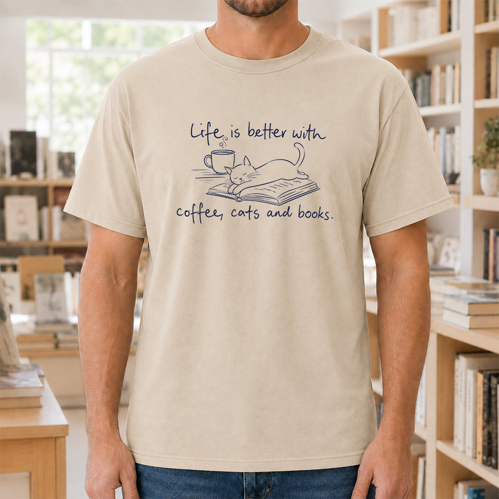 Funny Cats and Books Design Softstyle T-Shirt | Book Lover Gift Sand