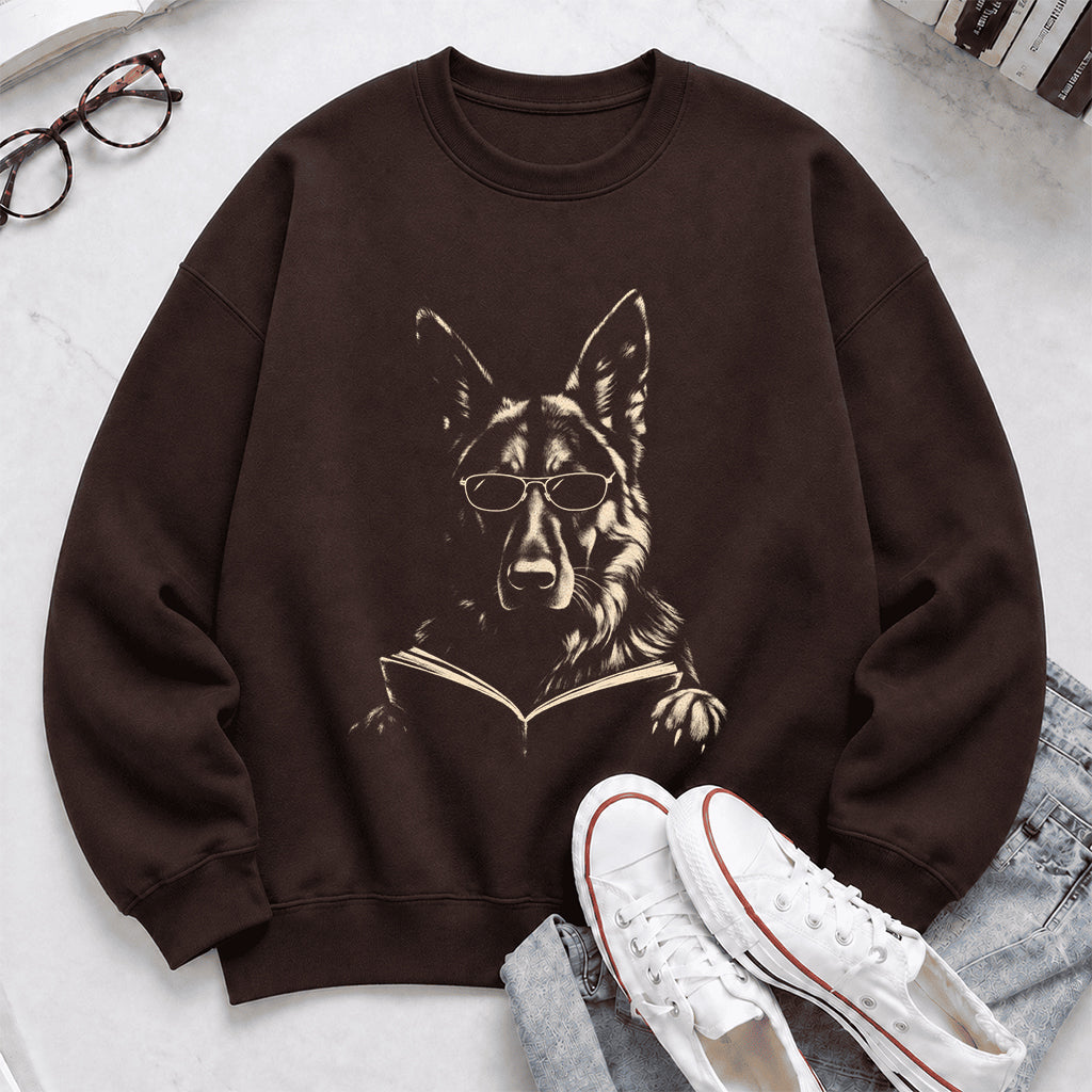 German Shepherd Reading Book Crewneck Sweatshirt | Reader Gift Dark Chocolate