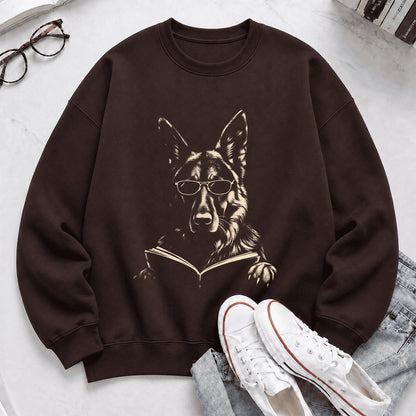 German Shepherd Reading Book Crewneck Sweatshirt | Reader Gift Dark Chocolate