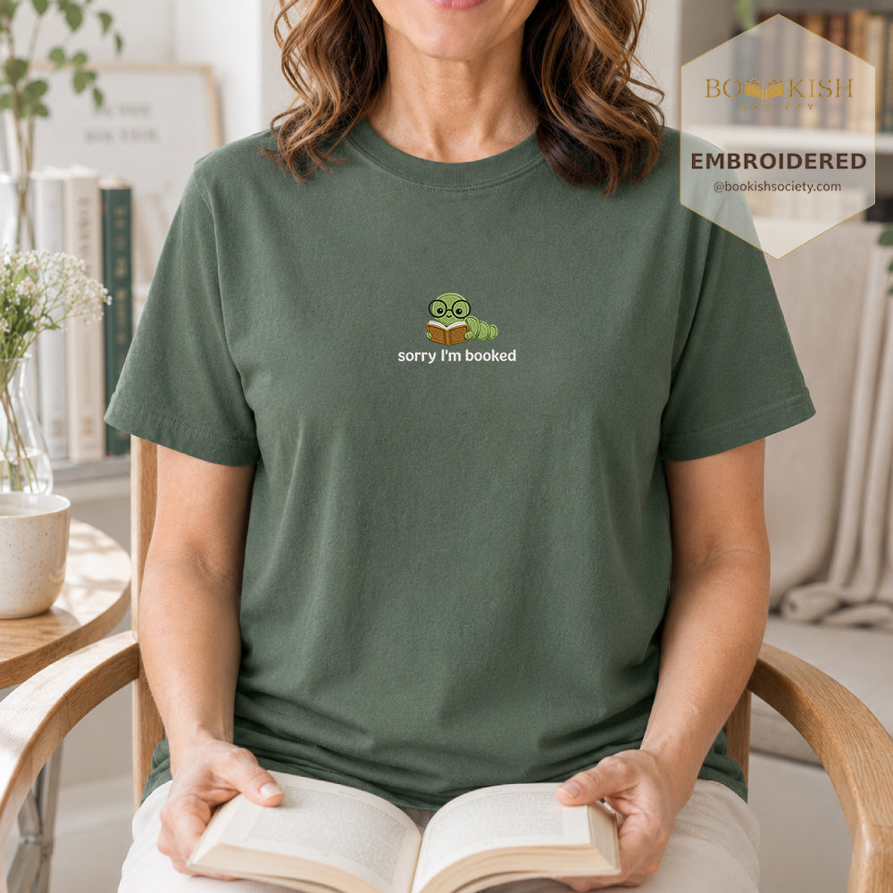 Sorry I'm Booked Embroidered Comfort Color® T-shirt | Book Lover Gift Moss
