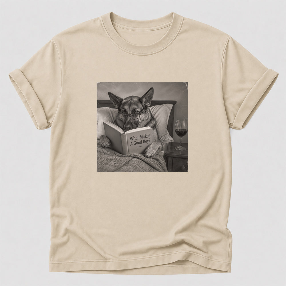 What Makes A Good Boy Printed T-Shirt | Cozy German Shepherd Mom Reader Gift Sand