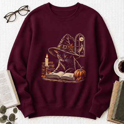 Reading Black Cat Witch Printed Sweatshirt | Halloween Book Lover Gift Maroon