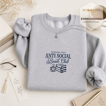 Anti-Social Book Club Embroidered Sweatshirt | Reader Gift Sport Grey
