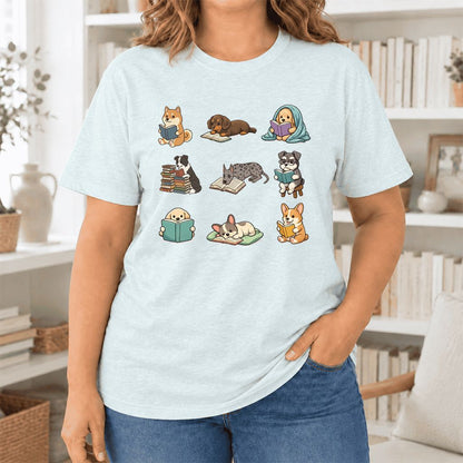 Funny Reading Dogs Ultra-Soft Cotton T-Shirt | Dog Mom Reader Gift Heather Ice Blue