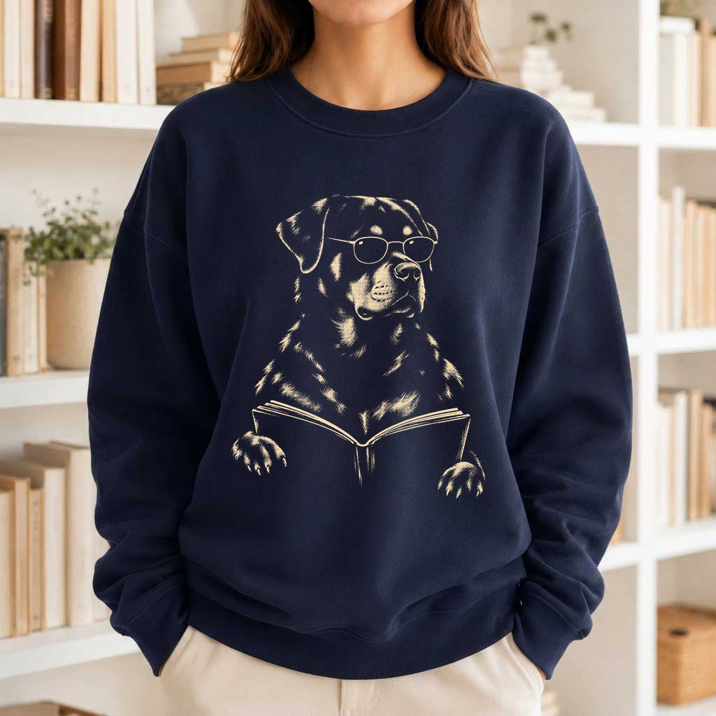 Rottweiler Reading Book Crewneck Sweatshirt | Reader Gift Navy