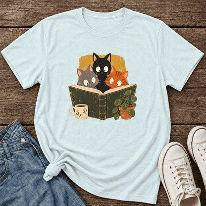 Curious Reading Cats Ultra-Soft Cotton T-Shirt | Cat Lover Reader Gift Heather Ice Blue