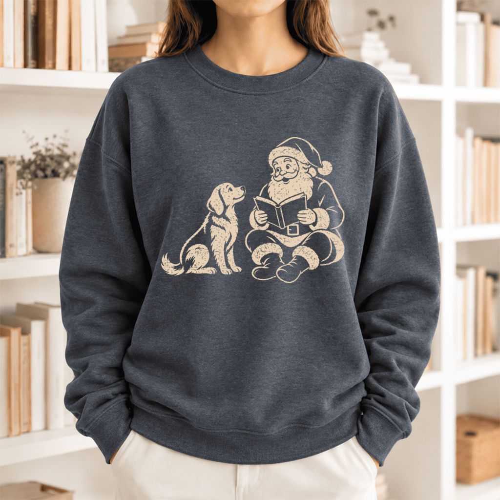 Funny Dog With Reading Santa Softstyle Sweatshirt | Christmas Book Lover Gift Dark Heather