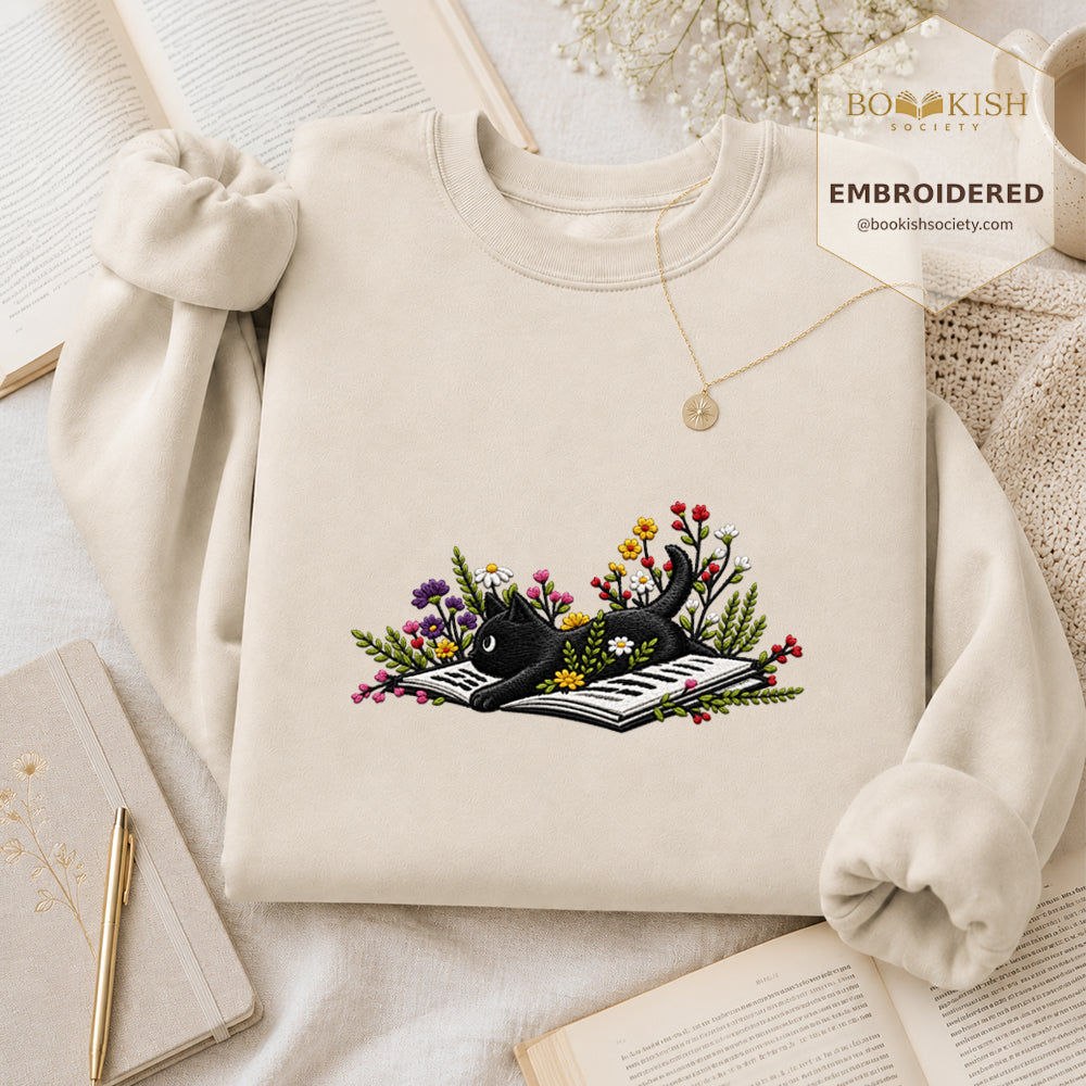 Cat and Book Embroidered Sweatshirt | Reader Gift Sand