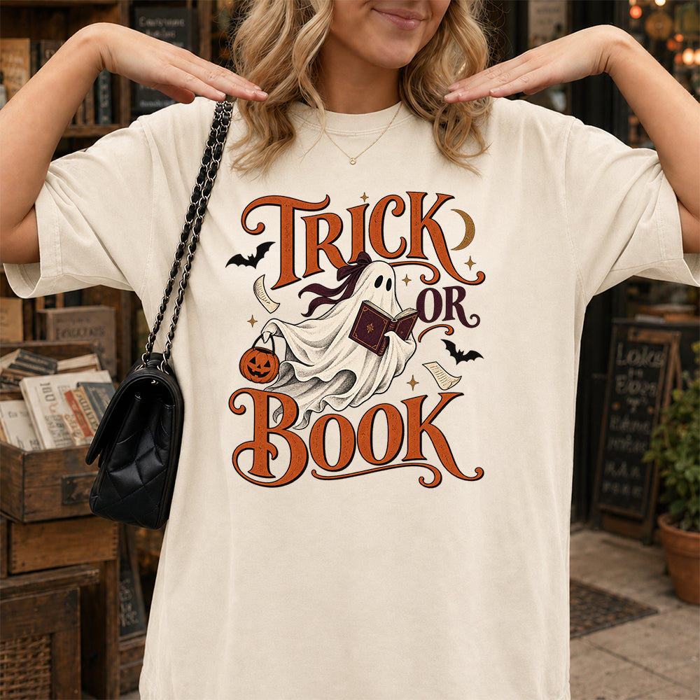 Trick Or Book Ghost Printed T-Shirt | Halloween Book Lover Gift Natural