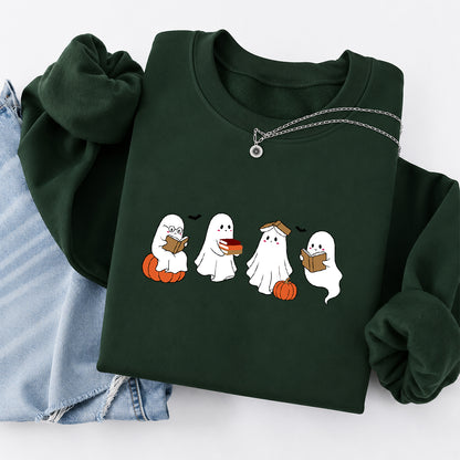 Halloween Ghosts Reading Printed Sweatshirt | Spooky Book Lover Gift Forest Green