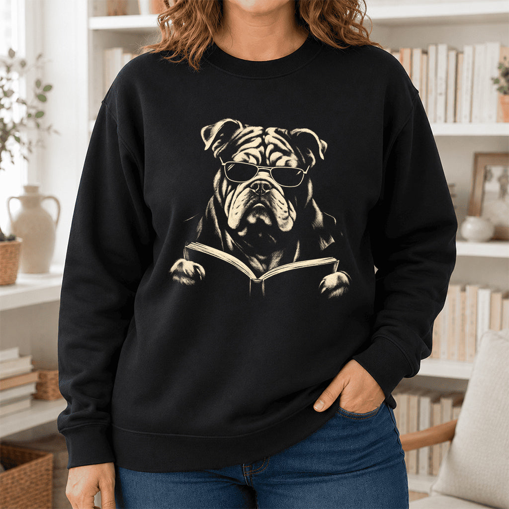 Bulldog Reading Book Crewneck Sweatshirt | Reader Gift Black