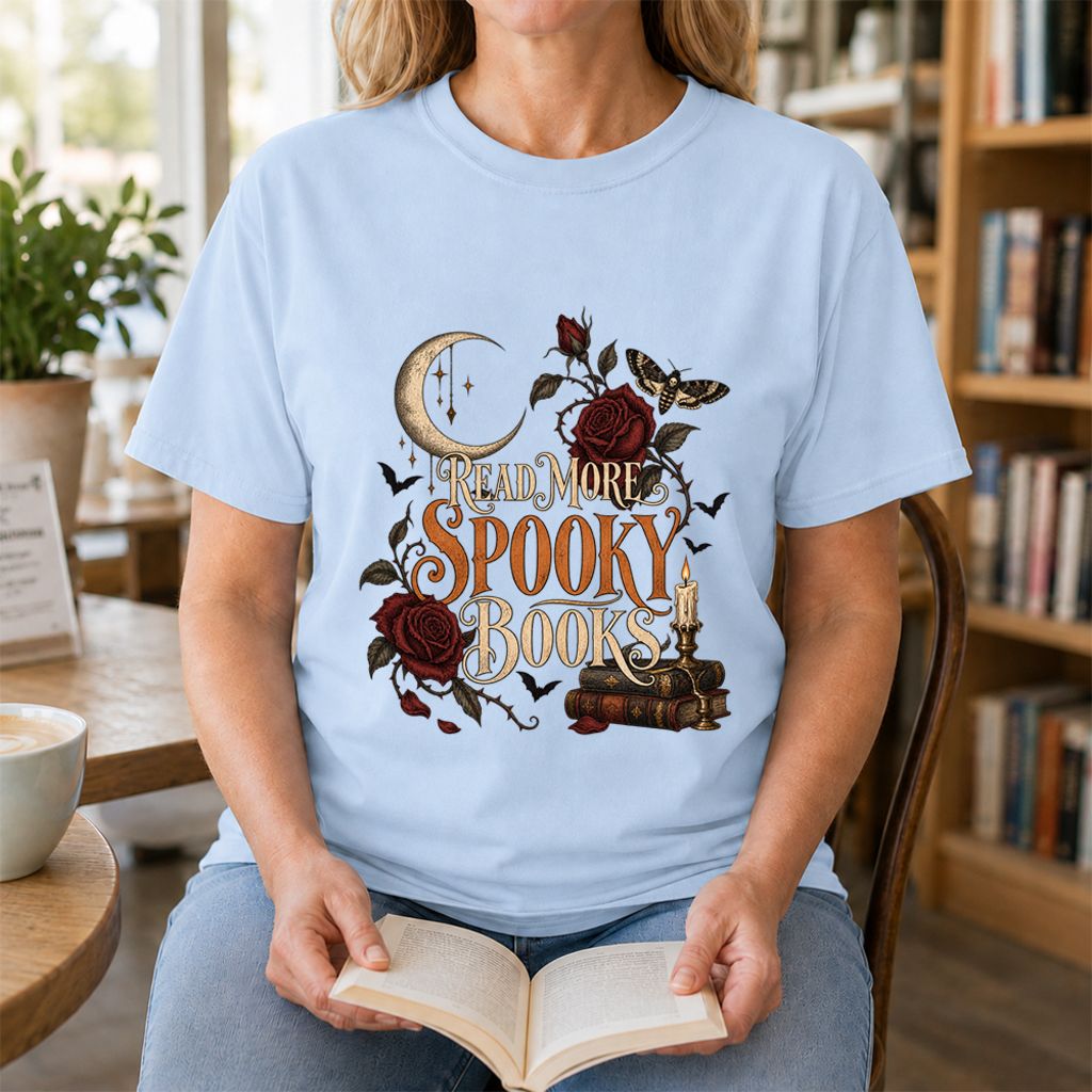 Read More Spooky Books Printed T-Shirt | Halloween Book Lover Gift Light Blue