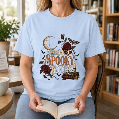 Read More Spooky Books Printed T-Shirt | Halloween Book Lover Gift Light Blue