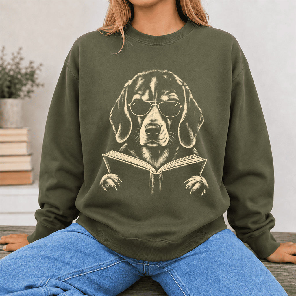 Beagle Reading Book Crewneck Sweatshirt | Reader Gift Military Green