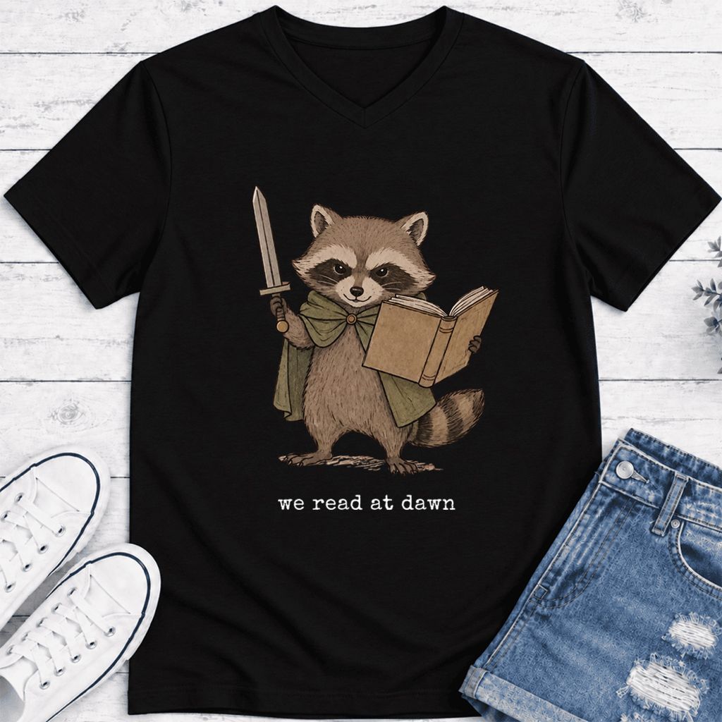 We Read At Dawn Funny Racoon Ultra-Soft V-Neck | Cozy Book Lover Gift Black