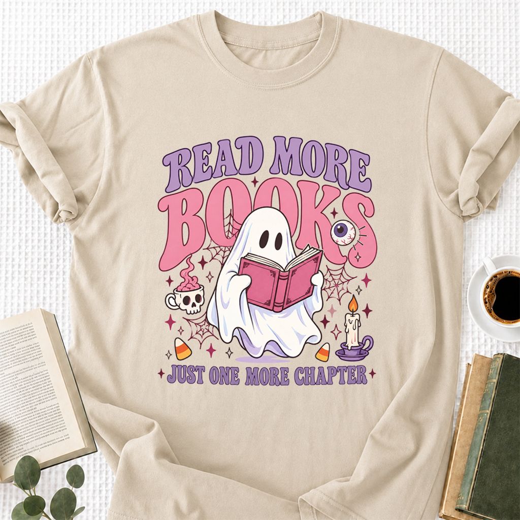 Read More Books Ghost Printed T-Shirt | Halloween Book Lover Gift Sand