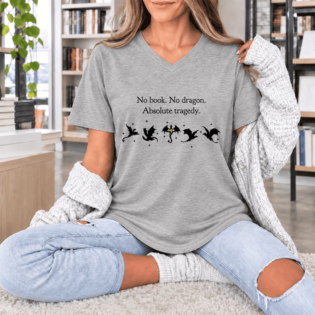 No Book, No Dragon, Absolute Tragedy Ultra-Soft V-Neck | Fantasy Book Lover Gift Athletic Heather
