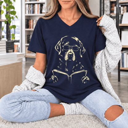 Labrador Retriever Reading Book Ultra-Soft V-Neck | Dog Mom Reader Gift Navy