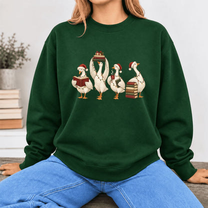 Christmas Reading Ducks Softstyle Sweatshirt | Christmas Book Lover Gift Forest Green