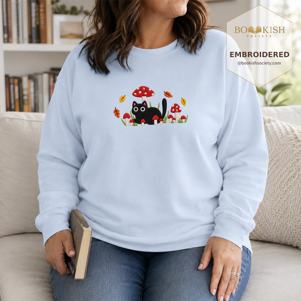 Mushroom Cat Embroidered Sweatshirt | Reader Gift Light Blue
