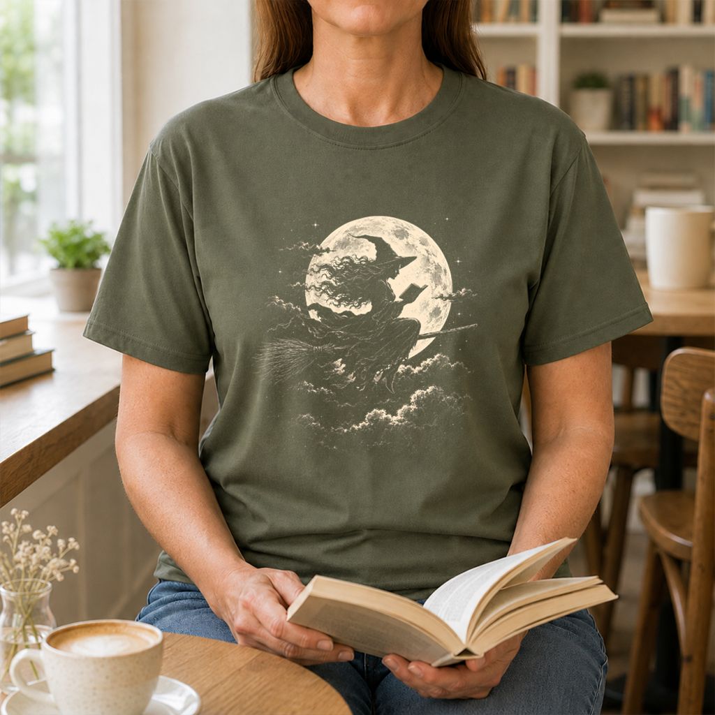 Reading Witch On The Flying Broom Printed T-Shirt | Halloween Book Lover Gift Military Green