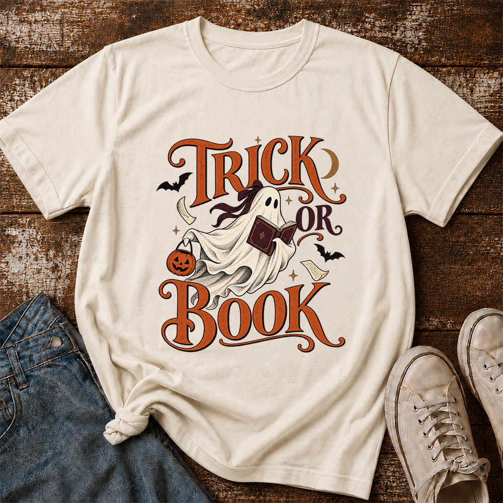 Trick Or Book Ghost Printed T-Shirt | Halloween Book Lover Gift Natural