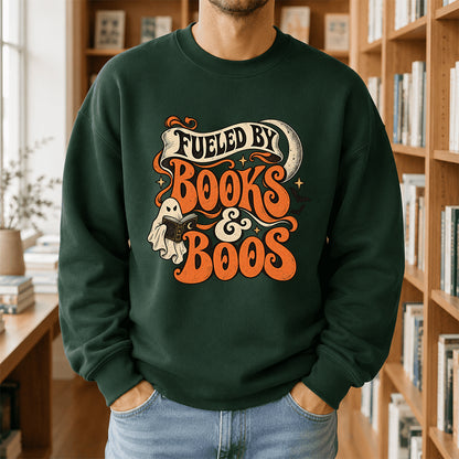 Fueled By Books & Boos Printed Sweatshirt | Halloween Book Lover Gift Forest Green