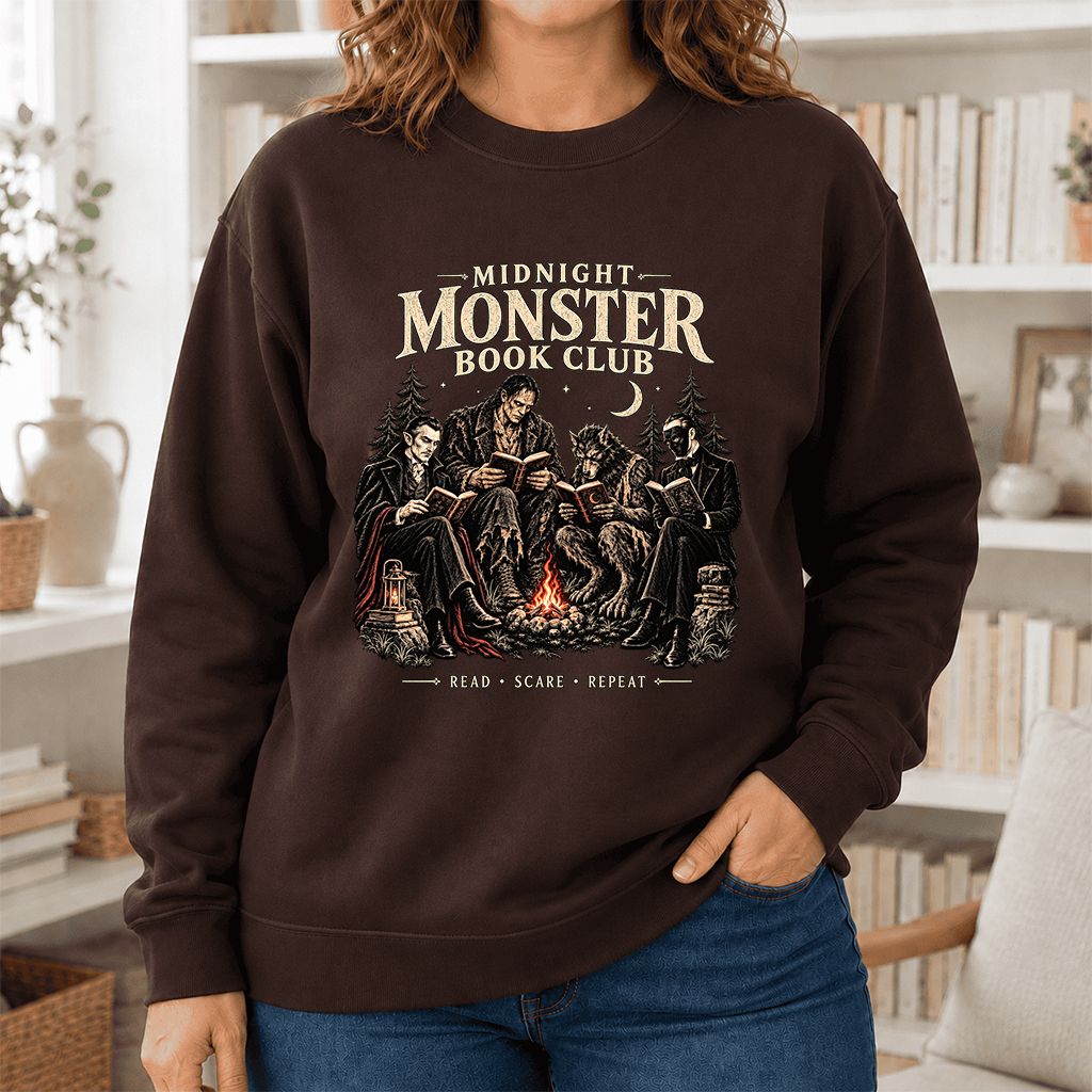 Midnight Monster Book Club Printed Sweatshirt | Halloween Book Lover Gift Dark Chocolate