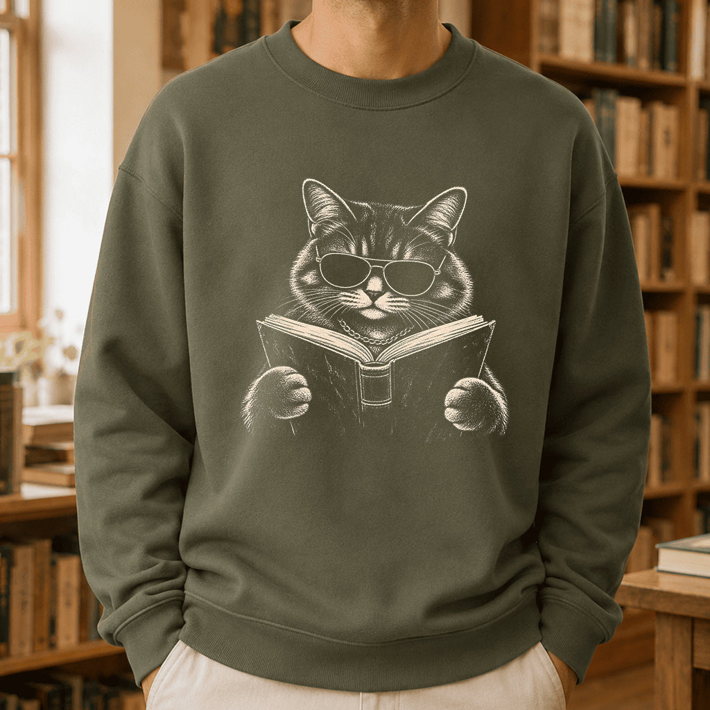 Cat Reading Book Crewneck Sweatshirt | Reader Gift Military Green