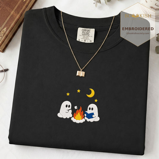 Embroidered Cute Ghost Camping Comfort Color® T-shirt Book Lover Gift Black