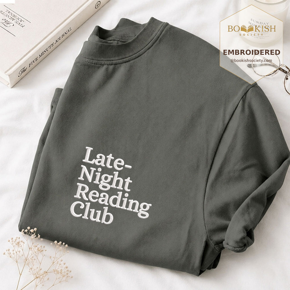 Late Night Reading Club Embroidered Comfort Color® T-shirt | Book Lover Gift Pepper