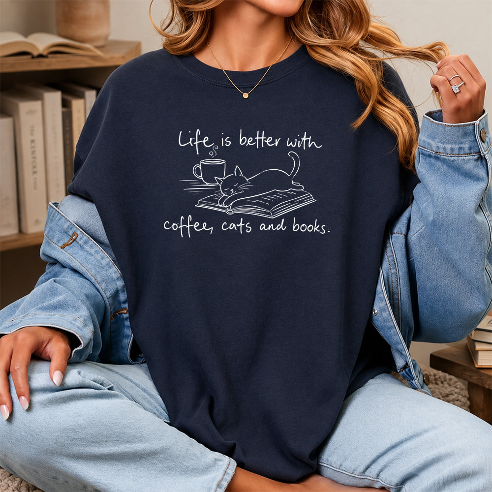 Funny Cats and Books Design Softstyle T-Shirt | Book Lover Gift Navy