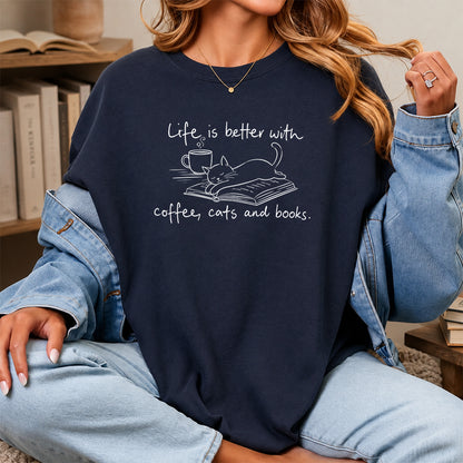 Funny Cats and Books Design Softstyle T-Shirt | Book Lover Gift Navy