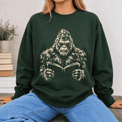 Big Foot Reading Book Crewneck Sweatshirt | Reader Gift Forest Green