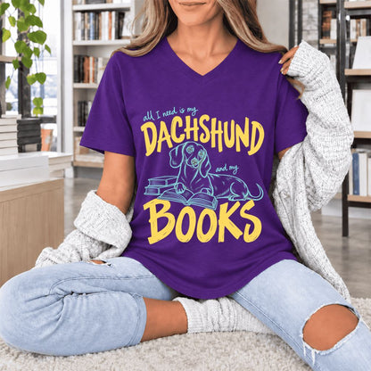 All I Need Is My Dachshund And My Books Ultra-Soft V-Neck | Dog Mom Reader Gift Team Purple