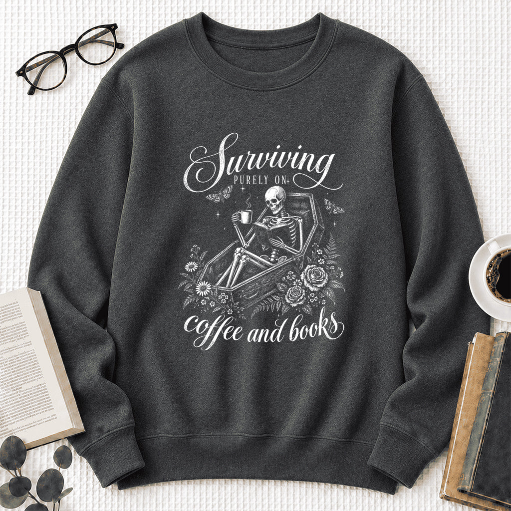 Surviving Purely On Coffee And Books Printed Sweatshirt | Halloween Reader Gift Dark Heather