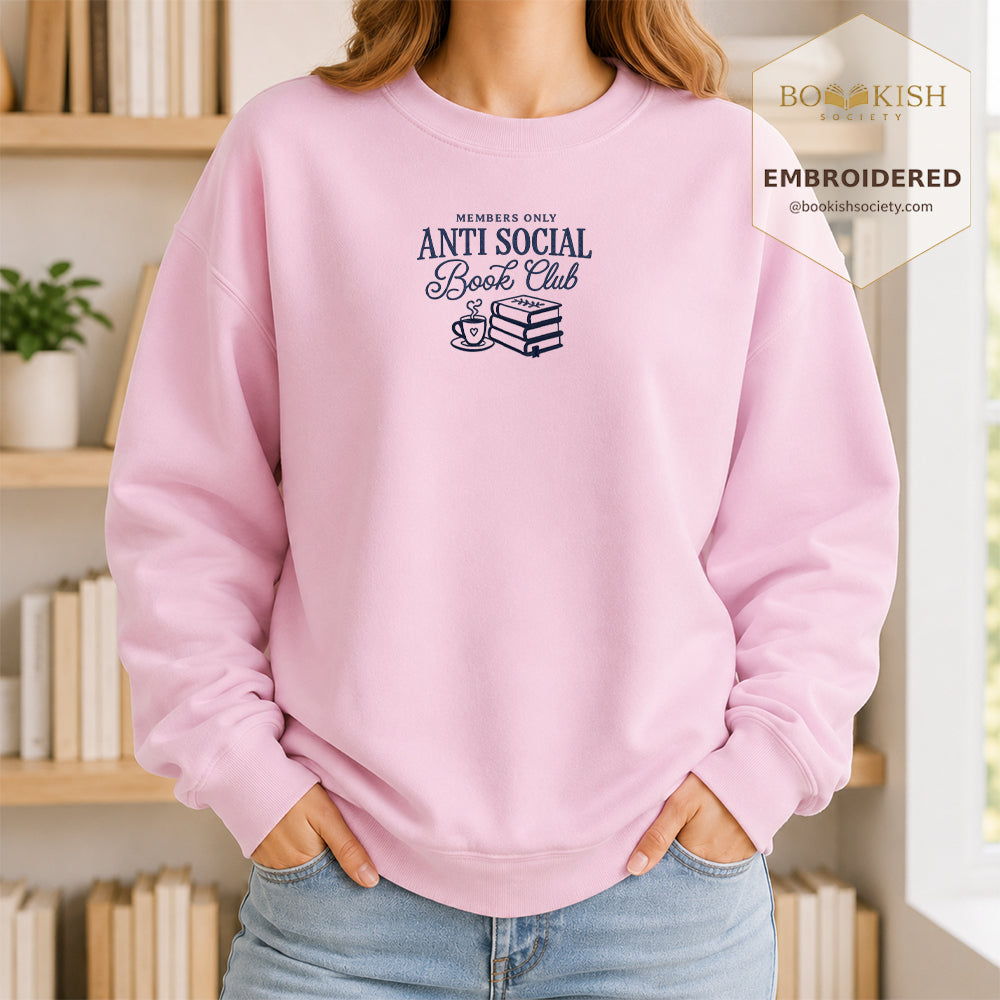Anti-Social Book Club Embroidered Sweatshirt | Reader Gift Light Pink